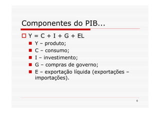 Componentes do PIB...
 Y = C + I + G + EL
   Y – produto;
   C – consumo;
   I – investimento;
   G – compras de governo;
   E – exportação líquida (exportações –
   importações).



                                           6
 