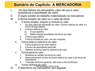 Sumário do Capítulo: A MERCADORIA
I.           Os dois fatores da mercadoria: valor-de-uso e valor
            (substância e quantidade do valor)
II.         O duplo caráter do trabalho materializado na mercadoria
III.        A forma simples do valor ou o valor-de-troca
       a.      A forma simples, singular ou fortuita do valor
             1.   Os dois pólos da expressão do valor: a forma relativa do valor e a
                  forma de equivalente
             2.   A forma relativa do valor
                  a)   O que significa
                  b)   Determinação quantitativa da forma do valor
             3.   A forma equivalente
             4.   A forma simples do valor, em seu conjunto
       b.      Forma total ou extensiva do valor
             1.   Forma extensiva do valor relativo
             2.   A forma de equivalente particular
             3.   Defeitos da forma total ou extensiva do valor
       c.      Forma geral do valor
             1.   Mudança do caráter da forma do valor
             2.   Desenvolvimento mútuo da forma relativa do valor e da forma de
                  equivalente
             3.   Transição da forma geral do valor para a forma dinheiro
       d.      Forma dinheiro do valor
                              PET-Economia FEAC-UFAL
IV.         O fetichismo da mercadoria: seu segredo
 