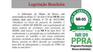 Legislação Brasileira
A elaboração de Mapas de Riscos está
mencionada na alínea “a”, do item 5.16 da NR 05, com
redação dada pela Portaria nº 25 de 29/12/1994:
“identificar os riscos do processo de trabalho, e
elaborar o MAPA DE RISCOS, com a participação do
maior numero de servidores, com assessoria do
SESMT, onde houver” e na NR 9 no item 9.6.2 “O
conhecimento e a percepção que os trabalhadores têm
do processo de trabalho e dos riscos ambientais
presentes, incluindo os dados consignados no Mapa de
Riscos, previsto na NR-5, deverão ser considerados
para fins de planejamento e execução do PPRA em
todas as suas fases.”
 