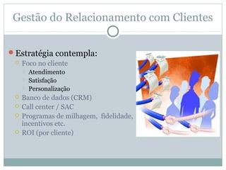 Gestão do Relacionamento com Clientes

Estratégia contempla:
  Foco no cliente
        Atendimento
        Satisfação
        Personalização
    Banco de dados (CRM)
    Call center / SAC
    Programas de milhagem, fidelidade,
     incentivos etc.
    ROI (por cliente)
 