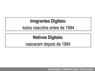 Imigrantes Digitais:
todos nascidos antes de 1984

    Nativos Digitais:
 nasceram depois de 1984




             LINGUAGENS, CÓDIGOS E SUAS TECNOLOGIAS
 