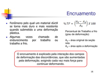 Encruamento
18
Percentual de Trabalho a frio
(grau de deformação)
A0 – área original da seção
reta
Ad – área após a deformação
 Fenômeno pelo qual um material dúctil
se torna mais duro e mais resistente
quando submetido a uma deformação
plástica.
 Algumas vezes chamado de
endurecimento por trabalho ou
trabalho a frio.
O encruamento é explicado pela interação dos campos
de deformação das discordâncias, que são aumentadas
pela deformação, exigindo cada vez mais força para
continuar deformando.
 