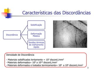 Características das Discordâncias
3
Densidade de Discordância
- Materiais solidificados lentamente = 103 discord./mm2
- Materiais deformados= 109 a 1010 discord./mm2
- Materiais deformados e tratados termicamente= 105 a 106 discord./mm2
Discordância
Solidificação
Deformação
Plástica
Tensões térmicas
de resfriamento
rápido
 