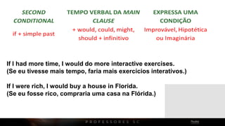 If I had more time, I would do more interactive exercises.
(Se eu tivesse mais tempo, faria mais exercícios interativos.)
If I were rich, I would buy a house in Florida.
(Se eu fosse rico, compraria uma casa na Flórida.)
 