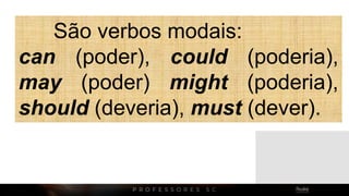 São verbos modais:
can (poder), could (poderia),
may (poder) might (poderia),
should (deveria), must (dever).
 
