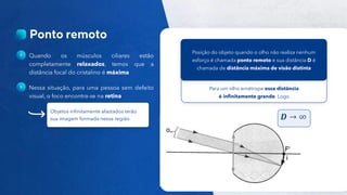 12
Público
Quando os músculos ciliares estão
completamente relaxados, temos que a
distância focal do cristalino é máxima
Objetos infinitamente afastados terão
sua imagem formada nessa região
Nessa situação, para uma pessoa sem defeito
visual, o foco encontra-se na retina
Para um olho emétrope essa distância
é infinitamente grande. Logo
Posição do objeto quando o olho não realiza nenhum
esforço é chamada ponto remoto e sua distância D é
chamada de distância máxima de visão distinta
𝑫 → ∞
 