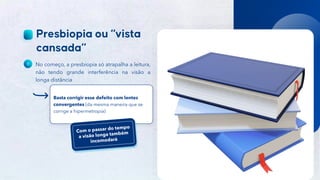 18
Público
No começo, a presbiopia só atrapalha a leitura,
não tendo grande interferência na visão a
longa distância
Basta corrigir esse defeito com lentes
convergentes (da mesma maneira que se
corrige a hipermetropia)
 