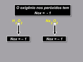 O oxigênio nos peróxidos tem
Nox = - 1
H O
Nox = – 1
22
Na O
Nox = – 1
22
 