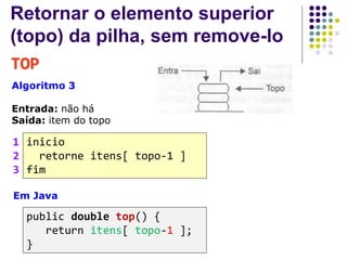 Retornar o elemento superior
(topo) da pilha, sem remove-lo
TOP
Algoritmo 3
Entrada: não há
Saída: item do topo
inicio
retorne itens[ topo-1 ]
fim
1
2
3
Em Java
public double top() {
return itens[ topo-1 ];
}
 
