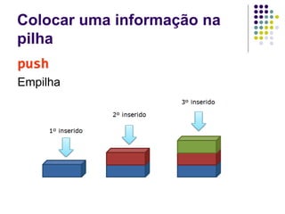 Colocar uma informação na
pilha
push
Empilha
 