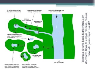 Exemplo de uma bacia hidrográfica com
diferentes tipos de corpos hídricos, com as
faixas de preservação das APP.

 