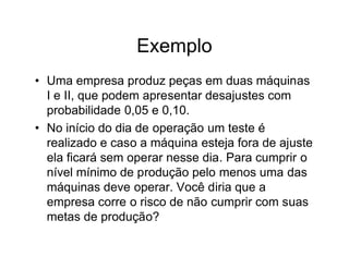 Exemplo
• Uma empresa produz peças em duas máquinas
  I e II, que podem apresentar desajustes com
  probabilidade 0,05 e 0,10.
• No início do dia de operação um teste é
  realizado e caso a máquina esteja fora de ajuste
  ela ficará sem operar nesse dia. Para cumprir o
  nível mínimo de produção pelo menos uma das
  máquinas deve operar. Você diria que a
  empresa corre o risco de não cumprir com suas
  metas de produção?
 