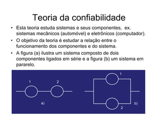 Teoria da confiabilidade
• Esta teoria estuda sistemas e seus componentes, ex.
  sistemas mecânicos (automóvel) e eletrônicos (computador).
• O objetivo da teoria é estudar a relação entre o
  funcionamento dos componentes e do sistema.
• A figura (a) ilustra um sistema composto de dois
  componentes ligados em série e a figura (b) um sistema em
  pararelo.
                                                1

       1            2




             a)                                       b)
                                                2
 