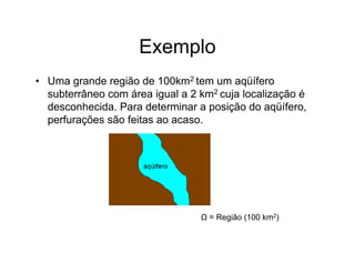 Exemplo
• Uma grande região de 100km2 tem um aqüífero
  subterrâneo com área igual a 2 km2 cuja localização é
  desconhecida. Para determinar a posição do aqüífero,
  perfurações são feitas ao acaso.




                                 Ω = Região (100 km2)
 