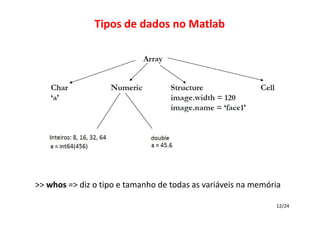 Tipos de dados no Matlab

>> whos => diz o tipo e tamanho de todas as variáveis na memória
12/24

 