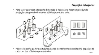 10/16
Projeção ortogonal
• Para fazer aparecer a terceira dimensão é necessário fazer uma segunda
projeção ortogonal olhando os sólidos por outro lado.
• Pode-se obter a partir das figuras planas o entendimento da forma espacial de
cada um dos sólidos representados.
 