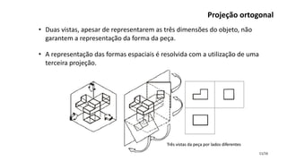 11/16
Projeção ortogonal
• Duas vistas, apesar de representarem as três dimensões do objeto, não
garantem a representação da forma da peça.
• A representação das formas espaciais é resolvida com a utilização de uma
terceira projeção.
 