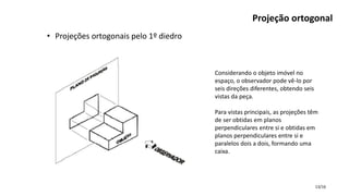 13/16
• Projeções ortogonais pelo 1º diedro
Projeção ortogonal
Considerando o objeto imóvel no
espaço, o observador pode vê-lo por
seis direções diferentes, obtendo seis
vistas da peça.
Para vistas principais, as projeções têm
de ser obtidas em planos
perpendiculares entre si e obtidas em
planos perpendiculares entre si e
paralelos dois a dois, formando uma
caixa.
 