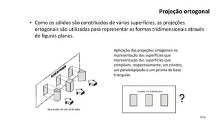 9/16
Projeção ortogonal
• Como os sólidos são constituídos de várias superfícies, as projeções
ortogonais são utilizadas para representar as formas tridimensionais através
de figuras planas.
Aplicação das projeções ortogonais na
representação das superfícies que
representação das superfícies que
compõem, respectivamente, um cilindro,
um paralelepípedo e um prisma de base
triangular.
 