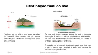 Destinação final do lixo
19/07/16 Professor: Msc. Alex Santiago Nina 10
Depósitos ao céu aberto sem sepração prévia
dos materiais nem qulquer tipo de controle
ambiental; leva substâncias tóxicas para o solo e
o lençol freátio
É o local mais seguro para descarte de lixo, pois ocorre uma
disposição de resíduos sólidos, previamente selecionados,
em um solo devidamente impermeabilizado, de modo a
proteger a população e o ambiente.
É baseado em técnicas de engenharia avançadas para que
ocupe o menor lugar possível e tenha um sistema de
impermeabilização eficiente.
 