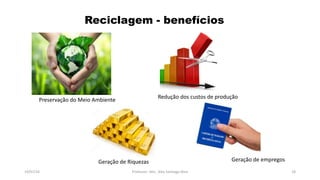 Reciclagem - benefícios
19/07/16 Professor: Msc. Alex Santiago Nina 18
Preservação do Meio Ambiente
Geração de Riquezas
Redução dos custos de produção
Geração de empregos
 