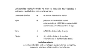 Considerando o consumo médio no Brasil e a população do país (2016), a
reciclagem na cidade tem potencial anual para:
Latinhas de alumínio → 80 milhões toneladas de bauxita
Papel → preservar 214 milhões de árvores
evitar emissão de 1.070.524 toneladas de CO2
economia de 214 bilhões de litros de água
Vidro → 2,7 bilhões de toneladas de areia
Plástico → 101 milhões de barris de petróleo
evitar emissão de 32,7 toneladas de CO2
Isso tudo a cada ano
A reciclagem também pode ser feita para outros materiais, como pilhas,
hardwares, bateria de celular, madeira, borracha, etc.
 
