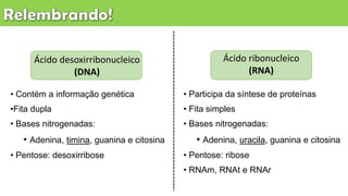 Ácido desoxirribonucleico
(DNA)
Ácido ribonucleico
(RNA)
• Contém a informação genética
•Fita dupla
• Bases nitrogenadas:
• Adenina, timina, guanina e citosina
• Pentose: desoxirribose
• Participa da síntese de proteínas
• Fita simples
• Bases nitrogenadas:
• Adenina, uracila, guanina e citosina
• Pentose: ribose
• RNAm, RNAt e RNAr
 
