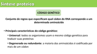 • Principais características do código genético:
• Universal: todos os organismos usam o mesmo código genético para
traduzir suas proteínas
• Degenerado ou redundante: a maioria dos aminoácidos é codificada por
mais de um códon
CÓDIGO GENÉTICO
Conjunto de regras que especificam qual códon do RNA corresponde a um
determinado aminoácido
 