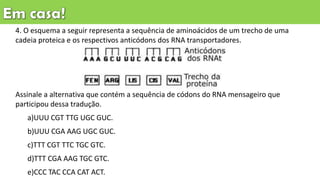 4. O esquema a seguir representa a sequência de aminoácidos de um trecho de uma
cadeia proteica e os respectivos anticódons dos RNA transportadores.
Assinale a alternativa que contém a sequência de códons do RNA mensageiro que
participou dessa tradução.
a)UUU CGT TTG UGC GUC.
b)UUU CGA AAG UGC GUC.
c)TTT CGT TTC TGC GTC.
d)TTT CGA AAG TGC GTC.
e)CCC TAC CCA CAT ACT.
 