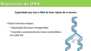 Capacidade que tem o DNA de fazer cópias de si mesmo
• Ocorre em duas etapas:
• Separação das bases nitrogenadas
• Inserção e pareamento de novos nucleotídeos
em cada fita
 