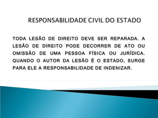 TODA LESÃO DE DIREITO DEVE SER REPARADA. A
LESÃO DE DIREITO PODE DECORRER DE ATO OU
OMISSÃO DE UMA PESSOA FÍSICA OU JURÍDICA.
QUANDO O AUTOR DA LESÃO É O ESTADO, SURGE
PARA ELE A RESPONSABILIDADE DE INDENIZAR.
 