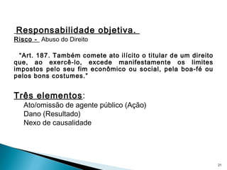 Responsabilidade objetiva.
Risco -  Abuso do Direito
“Art. 187. Também comete ato ilícito o titular de um direito
que, ao exercê-lo, excede manifestamente os limites
impostos pelo seu fim econômico ou social, pela boa-fé ou
pelos bons costumes.”
Três elementos:
Ato/omissão de agente público (Ação)
Dano (Resultado)
Nexo de causalidade
21
 