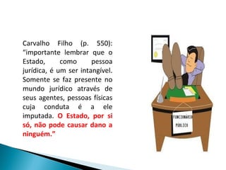 Carvalho Filho (p. 550):
“importante lembrar que o
Estado, como pessoa
jurídica, é um ser intangível.
Somente se faz presente no
mundo jurídico através de
seus agentes, pessoas físicas
cuja conduta é a ele
imputada. O Estado, por si
só, não pode causar dano a
ninguém.”
 
