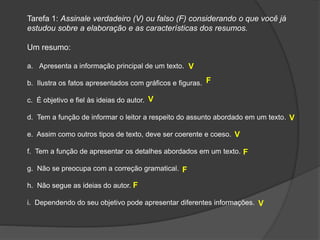 Tarefa 1: Assinale verdadeiro (V) ou falso (F) considerando o que você já
estudou sobre a elaboração e as características dos resumos.
Um resumo:
a. Apresenta a informação principal de um texto.
b. Ilustra os fatos apresentados com gráficos e figuras.
c. É objetivo e fiel às ideias do autor.
d. Tem a função de informar o leitor a respeito do assunto abordado em um texto.
e. Assim como outros tipos de texto, deve ser coerente e coeso.
f. Tem a função de apresentar os detalhes abordados em um texto.
g. Não se preocupa com a correção gramatical.
h. Não segue as ideias do autor.
i. Dependendo do seu objetivo pode apresentar diferentes informações.
V
V
V
V
V
F
F
F
F
 