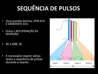 • Duas grandes famílias: SPIN ECO
E GRADIENTE ECO.
• Outra-> RECUPERAÇÃO DE
INVERSÃO.
• SE e GRE; IR.
• É necessário repetir várias
vezes a sequência de pulsos
durante o exame.
SEQUÊNCIA DE PULSOS
 