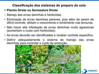 Classificação dos sistemas de preparo do solo
 Plantio Direto ou Semeadura Direta
- Manejo das ervas daninhas e herbicidas.
• Eliminação de ervas daninhas perenes, pois além de serem de
difícil controle, afetam o crescimento e rendimento nas lavouras.
• Não haver alta infestação de ervas daninhas muito agressivas
(aumentam o custo com herbicidas).
• As ervas deverão ser identificadas e receber controle especifico.
• Definir adequadamente o sistema de manejo das ervas
daninhas para controlar o custo de produção.
 
