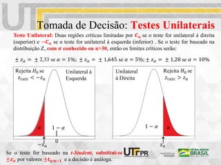 Tomada de Decisão: Testes Unilaterais
Teste Unilateral: Duas regiões críticas limitadas por 𝑪𝜶 se o teste for unilateral à direita
(superior) e −𝑪𝜶 se o teste for unilateral à esquerda (inferior) . Se o teste for baseado na
distribuição Z, com 𝝈 conhecido ou n>30, então os limites críticos serão:
± 𝑧𝛼 = ± 2,33 se 𝛼 = 1%; ± 𝑧𝛼 = ± 1,645 se 𝛼 = 5%; ± 𝑧𝛼 = ± 1,28 se 𝛼 = 10%
−𝑧𝛼
Rejeita 𝐻0 se
𝑧𝑐𝑎𝑙𝑐 > 𝑧𝛼
0
Se o teste for baseado na t-Student, substitui-se
±𝒛𝜶 por valores ±𝒕𝜶;𝒏−𝟏 e a decisão é análoga.
1 − 𝛼
𝛼
𝑧𝛼
1 − 𝛼 𝛼
Rejeita 𝐻0 se
𝑧𝑐𝑎𝑙𝑐 < −𝑧𝛼
Unilateral
à Direita
Unilateral à
Esquerda
 