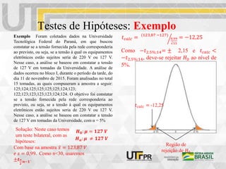 Testes de Hipóteses: Exemplo
Exemplo Foram coletados dados na Universidade
Tecnológica Federal do Paraná, em que buscou
constatar se a tensão fornecida pela rede corresponderia
ao previsto, ou seja, se a tensão à qual os equipamentos
eletrônicos estão sujeitos seria de 220 V ou 127 V.
Nesse caso, a análise se baseou em constatar a tensão
de 127 V em tomadas da Universidade. A análise de
dados ocorreu no bloco I, durante o período da tarde, do
dia 11 de novembro de 2015. Foram analisadas no total
15 tomadas, as quais compuseram a amostra a seguir:
125;124;125;125;125;125;124;123;
122;123;123;123;123;124;124. O objetivo foi constatar
se a tensão fornecida pela rede corresponderia ao
previsto, ou seja, se a tensão à qual os equipamentos
eletrônicos estão sujeitos seria de 220 V ou 127 V.
Nesse caso, a análise se baseou em constatar a tensão
de 127 V em tomadas da Universidade, com α = 5%
𝑯𝟎: 𝝁 = 𝟏𝟐𝟕 𝑽
𝑯𝒂: 𝝁 ≠ 𝟏𝟐𝟕 𝑽
Solução: Neste caso temos
um teste bilateral, com as
hipóteses:
𝑡𝑐𝑎𝑙𝑐 = (123,87 −127)
0,99
√15
= −12,25
Como −𝑡2,5%;14= ± 2,15 e 𝑡𝑐𝑎𝑙𝑐 <
−𝑡2,5%;14, deve-se rejeitar 𝐻0 ao nível de
5%.
Com base na amostra 𝑥 = 123,87 𝑉
𝑒 𝑠 = 0,99. Como n<30, usaremos
±𝒕𝜶
𝟐
;𝒏−𝟏.
Região de
rejeição de 𝐻0
𝑡𝑐𝑎𝑙𝑐 = -12,25
 