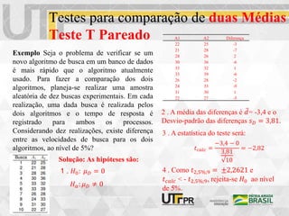 Testes para comparação de duas Médias
Teste T Pareado
Exemplo Seja o problema de verificar se um
novo algoritmo de busca em um banco de dados
é mais rápido que o algoritmo atualmente
usado. Para fazer a comparação dos dois
algoritmos, planeja-se realizar uma amostra
aleatória de dez buscas experimentais. Em cada
realização, uma dada busca é realizada pelos
dois algoritmos e o tempo de resposta é
registrado para ambos os processos.
Considerando dez realizações, existe diferença
entre as velocidades de busca para os dois
algoritmos, ao nível de 5%?
Solução: As hipóteses são:
1 . 𝐻0: 𝜇𝐷 = 0
𝐻𝑎: 𝜇𝐷 ≠ 0
A1 A2 Diferença
22 25 -3
21 28 -7
28 26 2
30 36 -6
33 32 1
33 39 -6
26 28 -2
24 33 -9
31 30 1
22 27 -5
2 . A média das diferenças é 𝑑= -3,4 e o
Desvio-padrão das diferenças 𝑠𝐷 = 3,81.
3 . A estatística do teste será:
𝑡𝑐𝑎𝑙𝑐 =
−3,4 − 0
3,81
√10
= −2,82
4 . Como 𝑡2,5%;9 = ±2,2621 e
𝑡𝑐𝑎𝑙𝑐 < - 𝑡2,5%;9, rejeita-se 𝐻0 ao nível
de 5%.
 