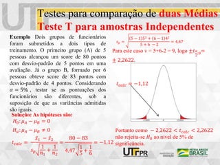 Testes para comparação de duas Médias
Teste T para amostras Independentes
Exemplo Dois grupos de funcionários
foram submetidos a dois tipos de
treinamento. O primeiro grupo (A) de 5
pessoas alcançou um score de 80 pontos
com desvio-padrão de 5 pontos em uma
avaliação. Já o grupo B, formado por 6
pessoas obteve score de 83 pontos com
desvio-padrão de 4 pontos. Considerando
𝛼 = 5% , testar se as pontuações dos
funcionários são diferentes, sob a
suposição de que as variâncias admitidas
são iguais.
Solução: As hipóteses são:
𝐻0: 𝜇𝐴 − 𝜇𝐵 = 0
𝐻𝑎: 𝜇𝐴 − 𝜇𝐵 ≠ 0
𝑡𝑐𝑎𝑙𝑐 =
𝑥1 − 𝑥2
𝑠𝑝
1
𝑛1
+
1
𝑛2
=
80 − 83
4,47
1
5
+
1
6
= −1,12
𝑠𝑝 =
5 − 1 52 + 6 − 1 42
5 + 6 − 2
= 4,47
Para este caso v = 5+6-2 = 9, logo ±𝑡𝛼
2
;9=
± 2,2622.
𝑡𝑐𝑎𝑙𝑐 = −1,12
Portanto como − 2,2622 < 𝑡𝑐𝑎𝑙𝑐 < 2,2622
não rejeita-se 𝐻0 ao nível de 5% de
significância.
 
