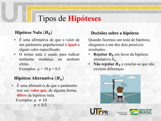 Tipos de Hipóteses
Hipótese Nula 𝑯𝟎
• É uma afirmativa de que o valor de
um parâmetro populacional é igual a
algum valor especificado.
• O termo nula é usado para indicar
nenhuma mudança ou nenhum
efeito.
Exemplos: µ = 10 p = 0.5
Hipótese Alternativa 𝑯𝒂
• É uma afirmativa de que o parâmetro
tem um valor que, de alguma forma,
difere da hipótese nula.
Exemplos: 𝜇 ≠ 10
𝑝 < 0,5
Decisões sobre a hipótese
Quando fazemos um teste de hipótese,
chegamos a um dos dois possíveis
resultados:
• Rejeitar 𝑯𝟎 em favor da hipótese
alternativa 𝐻𝑎.
• Não rejeitar 𝑯𝟎 e conclui-se que não
existem diferenças.
 
