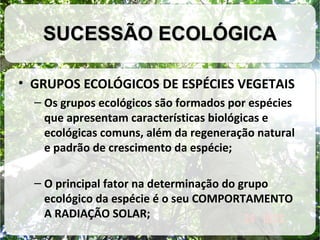 SUCESSÃO ECOLÓGICA
• GRUPOS ECOLÓGICOS DE ESPÉCIES VEGETAIS
– Os grupos ecológicos são formados por espécies
que apresentam características biológicas e
ecológicas comuns, além da regeneração natural
e padrão de crescimento da espécie;
– O principal fator na determinação do grupo
ecológico da espécie é o seu COMPORTAMENTO
A RADIAÇÃO SOLAR;

 
