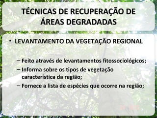 TÉCNICAS DE RECUPERAÇÃO DE
ÁREAS DEGRADADAS
• LEVANTAMENTO DA VEGETAÇÃO REGIONAL
– Feito através de levantamentos fitossociológicos;
– Informa sobre os tipos de vegetação
característica da região;
– Fornece a lista de espécies que ocorre na região;

 