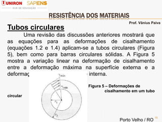 RESISTÊNCIA DOS MATERIAIS
15
Tubos circulares
Uma revisão das discussões anteriores mostrará que
as equações para as deformações de cisalhamento
(equações 1.2 e 1.4) aplicam-se a tubos circulares (Figura
5), bem como para barras circulares sólidas. A Figura 5
mostra a variação linear na deformação de cisalhamento
entre a deformação máxima na superfície externa e a
deformação mínima na superfície interna.
Figura 5 – Deformações de
cisalhamento em um tubo
circular
Prof. Vânius Paiva
Porto Velho / RO
 