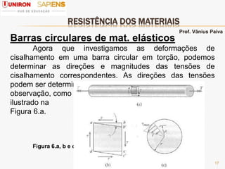 RESISTÊNCIA DOS MATERIAIS
17
Barras circulares de mat. elásticos
Agora que investigamos as deformações de
cisalhamento em uma barra circular em torção, podemos
determinar as direções e magnitudes das tensões de
cisalhamento correspondentes. As direções das tensões
podem ser determinadas por
observação, como
ilustrado na
Figura 6.a.
Figura 6.a, b e c
Prof. Vânius Paiva
 