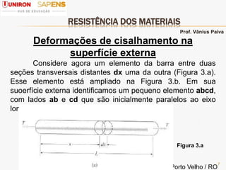 RESISTÊNCIA DOS MATERIAIS
7
Deformações de cisalhamento na
superfície externa
Considere agora um elemento da barra entre duas
seções transversais distantes dx uma da outra (Figura 3.a).
Esse elemento está ampliado na Figura 3.b. Em sua
suoerfície externa identificamos um pequeno elemento abcd,
com lados ab e cd que são inicialmente paralelos ao eixo
longitudinal.
Figura 3.a
Prof. Vânius Paiva
Porto Velho / RO
 