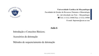 Aula 6
Introdução e Conceitos Básicos;
Acessórios de detonação
Métodos de sequenciamento de detonação
ANA KARINA RIBEIRO 1
 