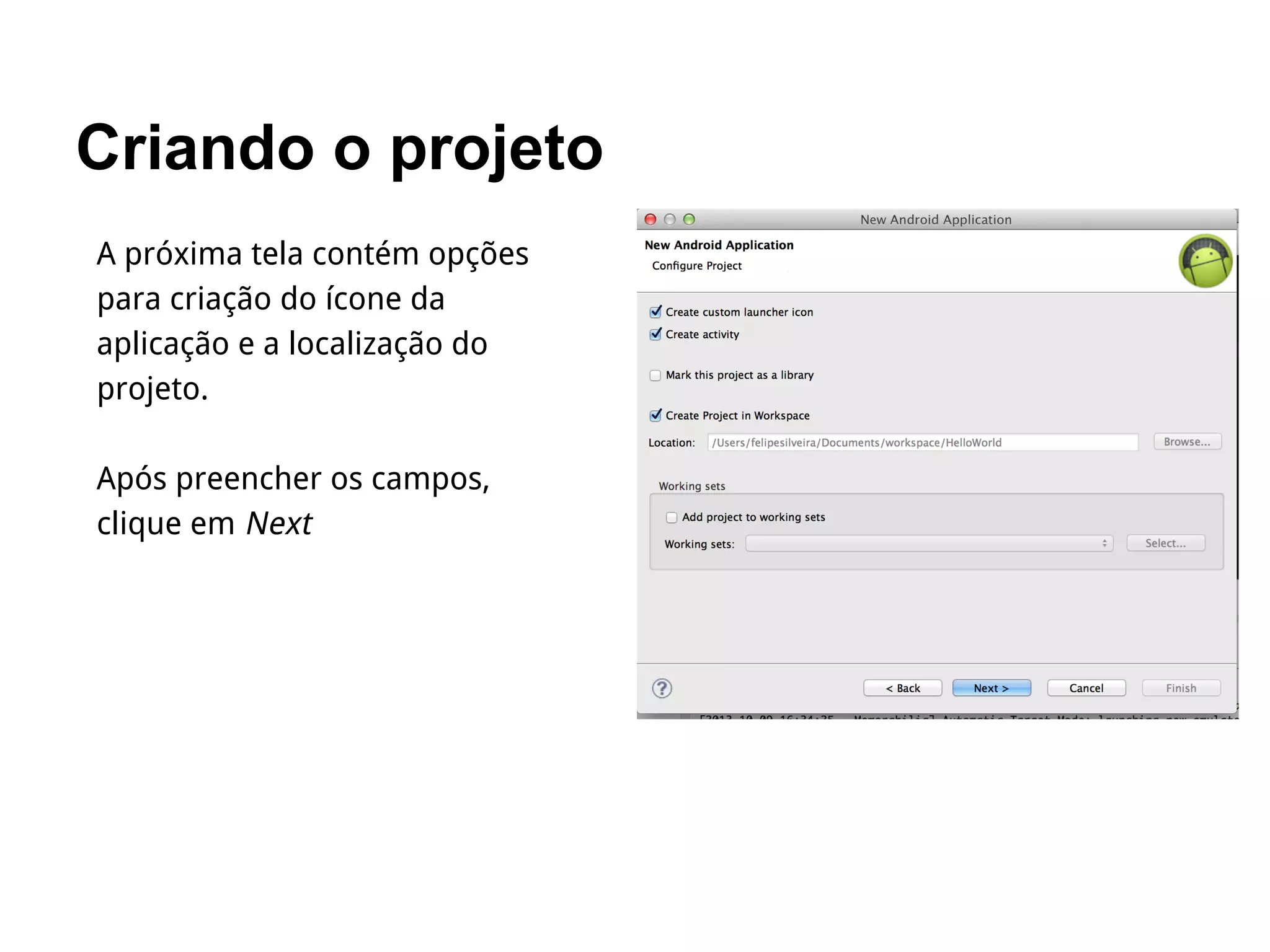 Criando o projeto
A próxima tela contém opções
para criação do ícone da
aplicação e a localização do
projeto.
Após preencher os campos,
clique em Next
 
