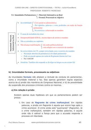 l. 
CURSO ON-LINE – DIREITO CONSTITUCIONAL – TRT/RJ – AJAJ+ExecMand 
PROFESSOR: ROBERTO TRONCOSO 
5.1. Imunidades Parlamentares - Material, Substantiva ou Real 
- Formal, Processual ou Adjetiva 
x Inviolabilidade - Civil, penal ou administrativa 
- Por opiniões, palavras e votos proferidos em razão da função 
parlamentar 
- No exercício e relacionado ao mandato 
x É causa de excludente de crime 
x Irresponsabilidade GERAL, mesmo depois de extinto o mandato 
x Não se estendem aos suplentes. 
x Não alcança manifestações - de cunho político-eleitoral 
- sem relação com o exercício do mandato 
x Se estiver dentro do CN: sempre terá relação com o exercício do mandato 
o Presunção absoluta de pertinência à atividade parlamentar 
o Pode ser punido apenas em razão do Regimento Interno da Casa 
o Pet 3.686/DF 
x Jornalista: Também não responde se divulgar na íntegra ou em extrato fiel 
Imunidade Material, 
Substancial ou Real 
b) Imunidades formais, processuais ou adjetivas 
As imunidades formais não afastam a ilicitude da conduta do parlamentar, 
como a imunidade material o faz. Elas apenas garantem regras especiais 
acerca da a) prisão dos membros do Congresso Nacional; e b) da possibilidade 
de suspensão dos processos criminais contra os mesmos. 
a) Em relação à prisão 
Existem apenas duas hipóteses em que os parlamentares podem ser 
presos: 
1. Em caso de flagrante de crime inafiançável. Em rápidas 
palavras, a prisão em flagrante é aquela que ocorre logo após o 
crime acontecer. O crime ainda está “queimando” (flagrante). Já 
o crime inafiançável, também em rápidas palavras, é aquele 
onde não é cabível a fiança para que o acusado responda o 
processo em liberdade. 
Prof. Roberto Troncoso www.pontodosconcursos.com.br 43 
 