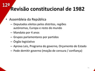 Revisão constitucional de 1982
• Assembleia da República
  – Deputados eleitos pelos distritos, regiões
    autónomas, Europa e resto do mundo
  – Mandato por 4 anos
  – Grupos parlamentares por partidos
  – Órgão legislativo
  – Aprova Leis, Programa do governo, Orçamento de Estado
  – Pode demitir governo (moção de censura / confiança)




                                                            51
 